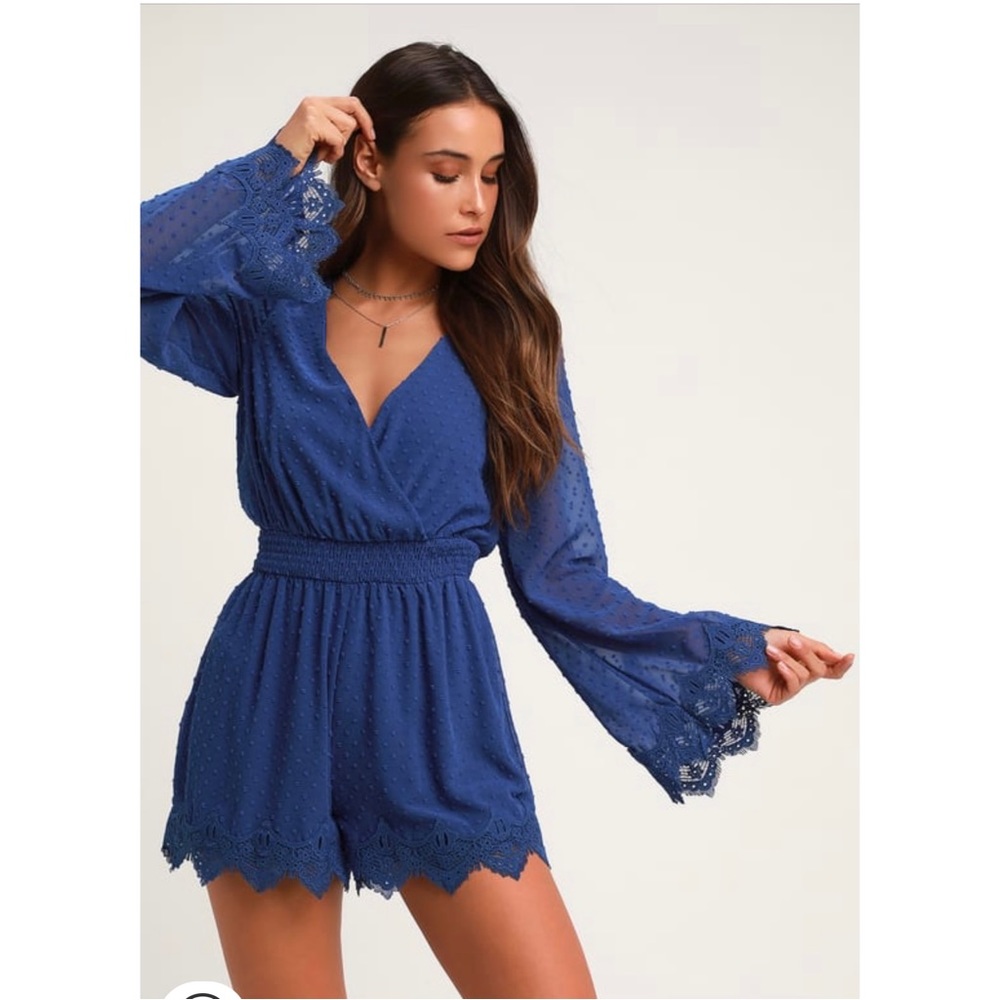 Lulus Blue Lace Dot Bell Sleeve Romper